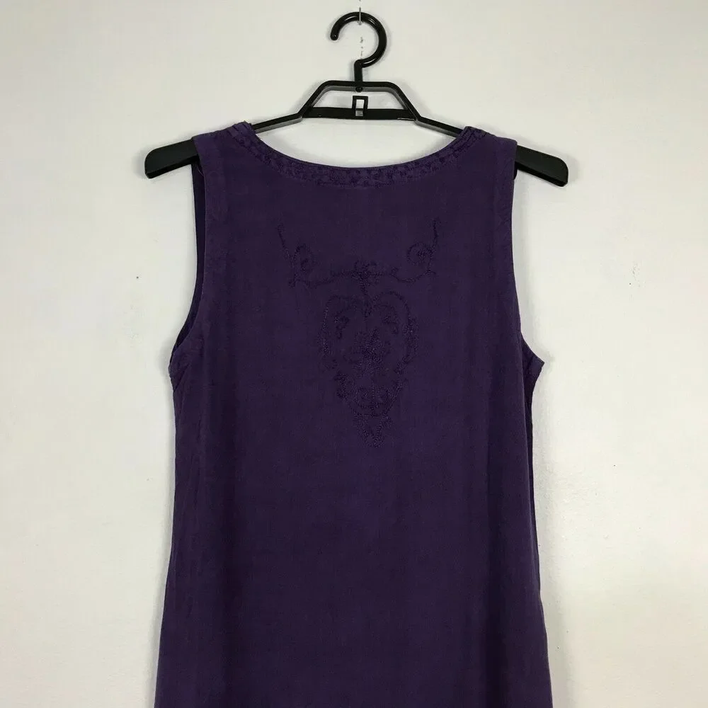 Vintage‎ 1990s Purple Rayon Dress Size M Sleeveless Side Vent Embroidered Midi